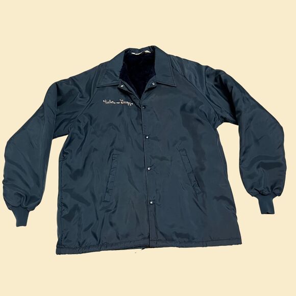 Vintage 1970s XL Ciba-Geigy blue jacket with faux fur lining/white embroidery - Picture 1 of 10